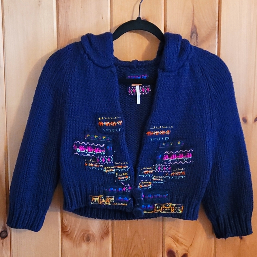 Free People sz L Navy Crop Cotton Knit Cardigan w/ Hood & Embroidery
